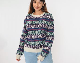 80s Geometric Sweater Nordic Ski Sweater Striped Fair Isle Print Knit Jumper Green Purple Acrylic 1980s Vintage Pullover Large L