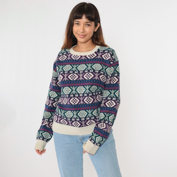 80s Geometric Sweater Nordic Ski Sweater Striped Fair Isle Print Knit Jumper Green Purple Acrylic 1980s Vintage Pullover Large L