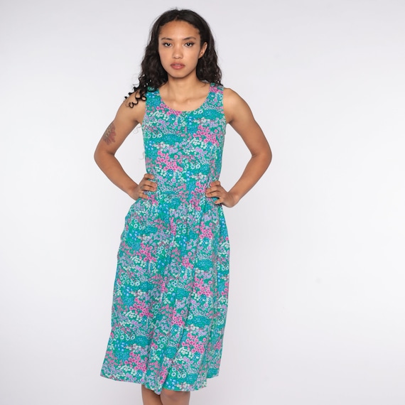 Vintage Floral Jumper Dress 90s Summer Button Up Midi Length Green Blue Dress Low Waist 1990s Sundress Sun Small 4