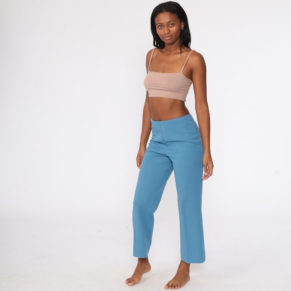 BELL BOTTOM Pants -- 70s Blue Polyester High Waisted Trousers Boho Flared 1970s High Waist Hippie Vintage Bohemian Extra Small xs s