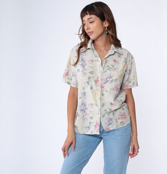 Floral Silk Blouse 90s Button Up Shirt Beige Short Sleeve Collared Top Flower Leaf Print Boho Retro Bohemian Vintage 1990s Medium