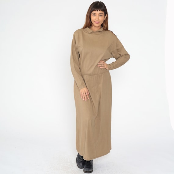 Khaki Maxi Dress 90s Long Tan Cotton Collared Dress Long Sleeve Simple Plain Low Waist Minimalist Brass Plum Nordstrom Vintage 1990s Medium