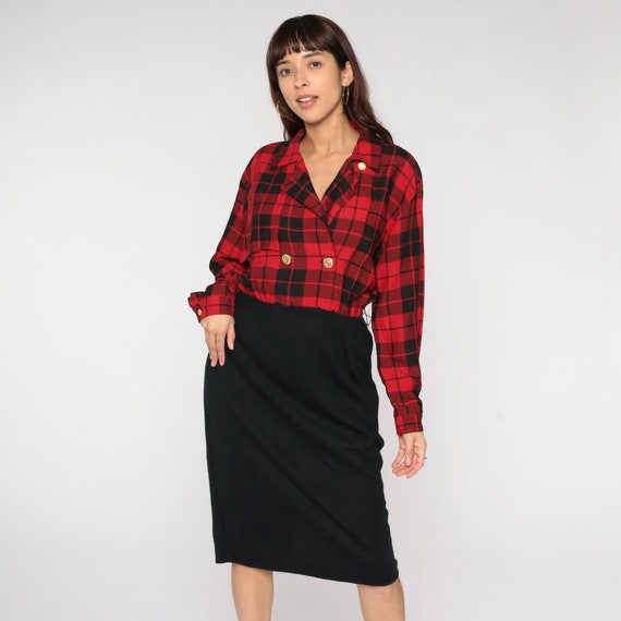 Plaid Shirt Dress 80s Red Tartan Pencil Button Up Midi Shirtdress High Waist 1980s Vintage Long Sleeve Black Secretary Preppy Medium 10