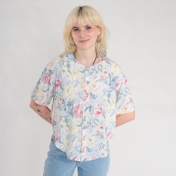 Rose Print Blouse 90s Pastel White Floral Button Up Shirt Short Sleeve Top Flower Pattern Retro Summer Blue Pink 1990s Vintage Rayon Medium