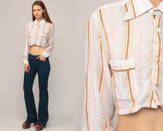 Crop Top Striped Shirt Button Up Blouse Long Sleeve 70s Cropped Shirt 1970s Button Up White Cotton Vintage Small Medium