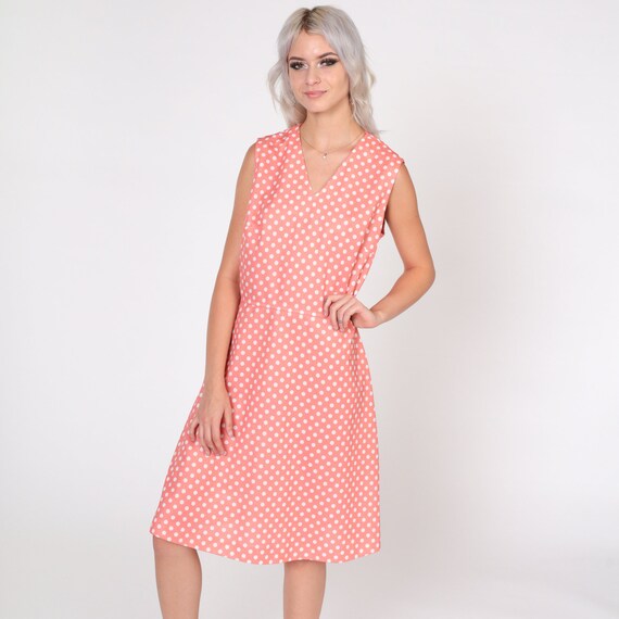 Pink Polka Dot Dress 70s Mod Mini Dress Sleeveless High Waisted V Neck Retro Print Day Dress Seventies Sundress Boho Vintage 1970s Medium