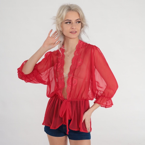 Red Lingerie Top 70s Bed Jacket Sheer Lace Trim Robe 3/4 Sleeve Tie Front Sleep Shirt Retro Lounge Top Romantic Sexy Vintage 1970s Small S