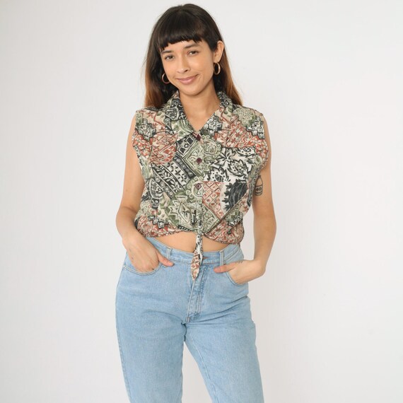 90s Patchwork Crop Top Cropped Blouse Floral Leaf… - image 4