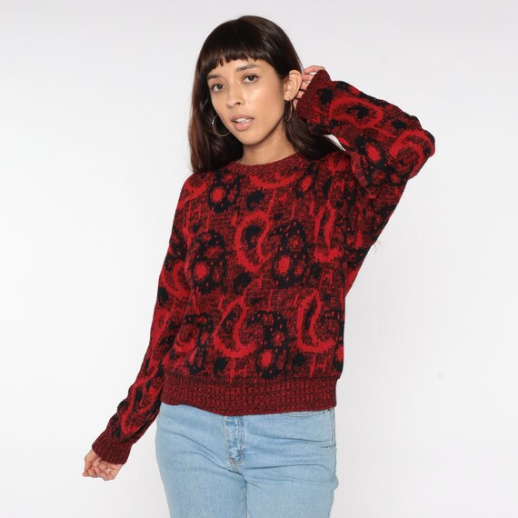 Paisley Sweater 80s Red Sweater Black Pullover Ju… - image 3