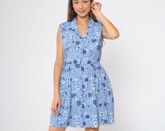 90s Floral Dress Blue Button Up Mini Dress Flower Print Pocket Sundress Sleeveless Collared A-Line High Waisted Vintage 1990s Rayon Large L