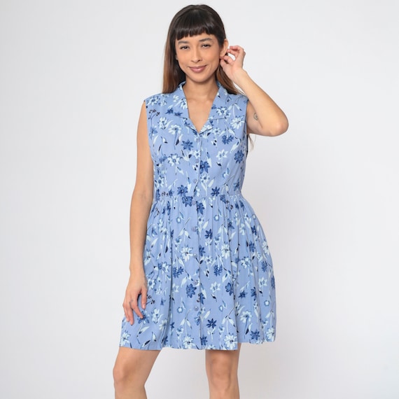 90s Floral Dress Blue Button Up Mini Dress Flower Print Pocket Sundress Sleeveless Collared A-Line High Waisted Vintage 1990s Rayon Large L