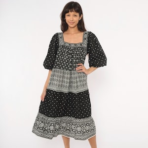 90s peasant dress 80s 90s Donna Morgan Cottagecore Short Sleeve Peasant Dress Button Up Cream Gingham Waist Tie Womens 8