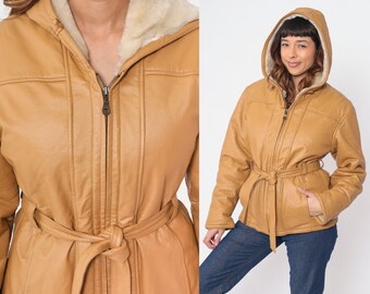 70s Wilsons Leather Jacket Tan Hooded Coat Hoodie Faux Fur Lining Belted 1970s Boho Hood Bohemian Vintage Moto Motorcycle Small