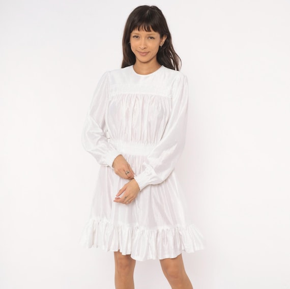 80s Shimmer Mini Babydoll Dress White Iridescent Lace Ruffle Hem Puff Sleeve Cream Feminine Prairie Disco Sundress Vintage Medium Large M L