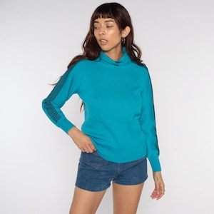 Blue Striped Sweater Knit Raglan Sleeve 80s Pullover Retro Nerd Slouch Jumper Vintage Small Medium