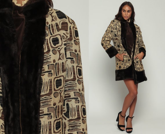 Tapestry Jacket Faux Fur Coat Vegan Vintage 70s Bohemian Jacket Mod 1970s Boho Hipster Fake Fur Brown Winter Vegan Medium