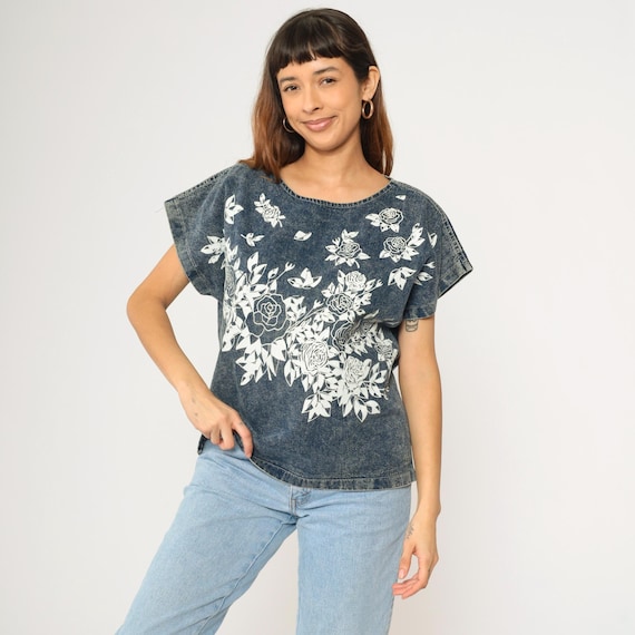 Vintage Floral Denim Shirt 90s Acid Wash Jean Blouse Blue Graphic Garden Flower Print Top Short Sleeve Retro Hippie 1990s Large L