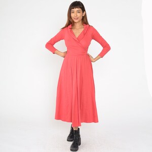 Coral Wrap Dress 90s Midi Dress Deep V Neck Pink Jersey High Waist Long Sleeve Surplice Neckline Plain Retro Party Vintage 1990s Small S image 3