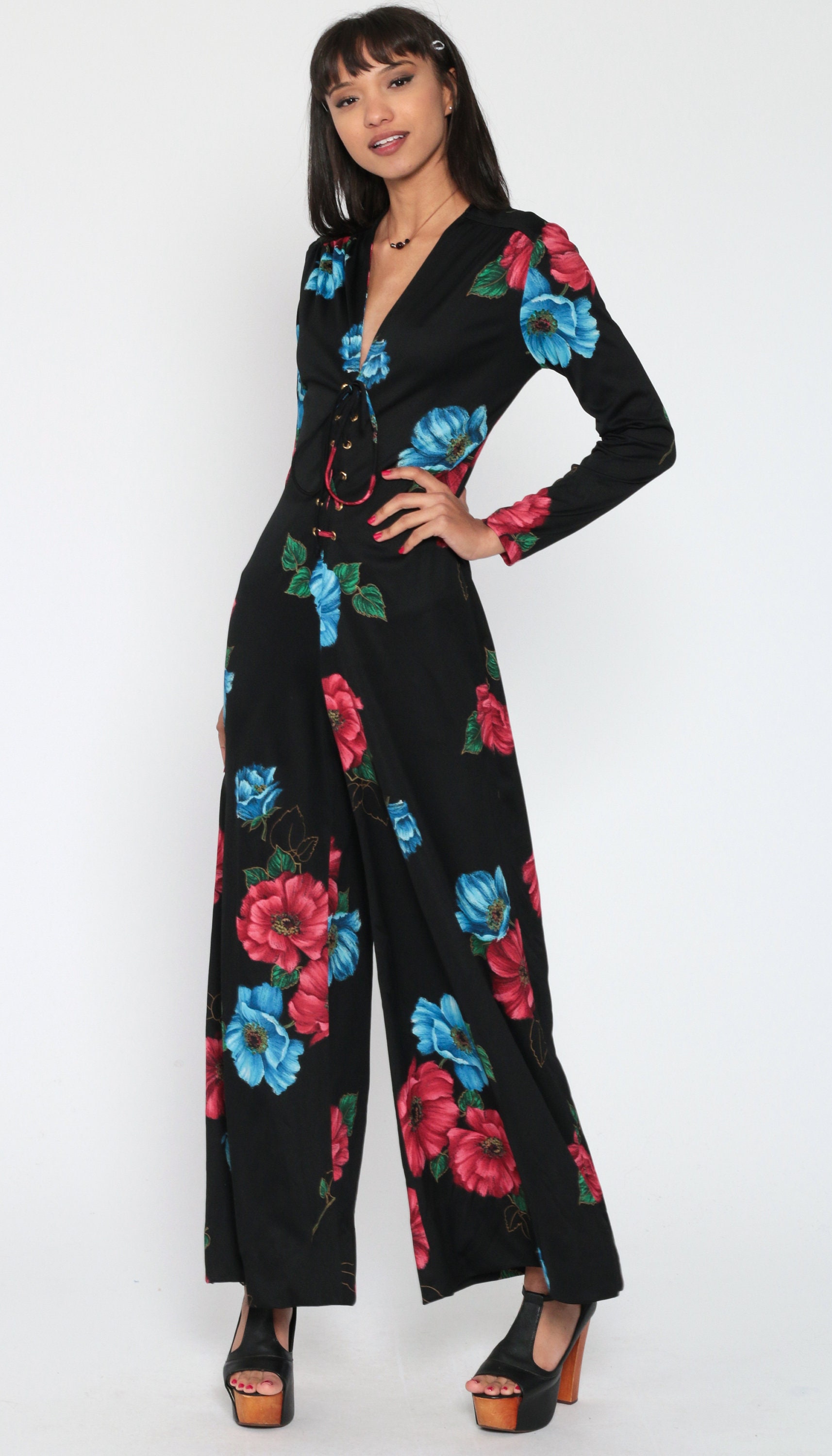 70s Jumpsuit Bell Bottom Jumpsuit Black Floral Boho Wide Leg Etsy