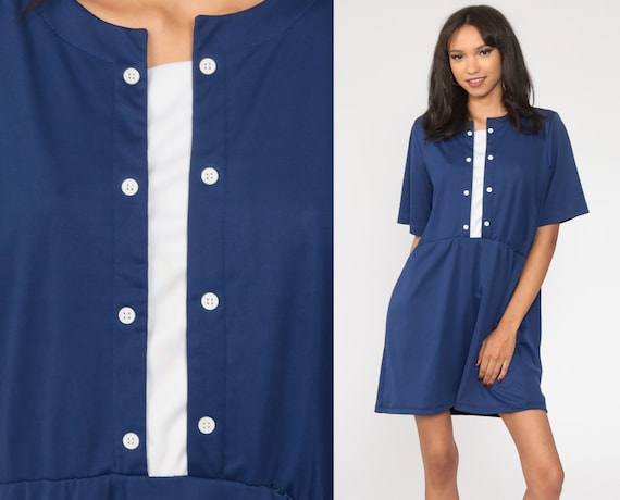 80s Mini Dress Blue High Waisted Dress Button Up Plain Dress Short Sleeve Vintage 1980s Minidress Retro Extra Large xl