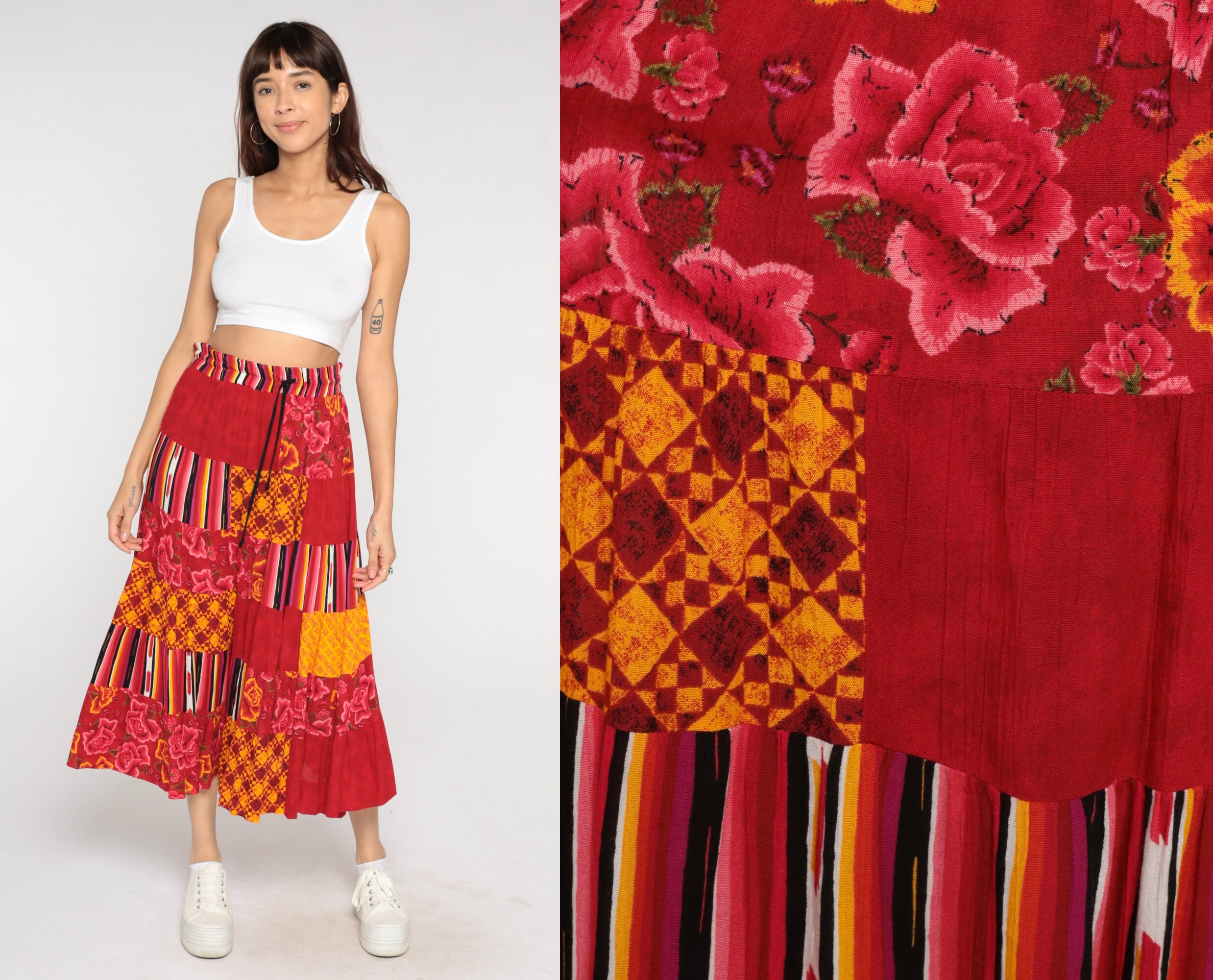 Patchwork Broomstick Skirt 90s Red Maxi Skirt Boho Hippie Floral Grunge