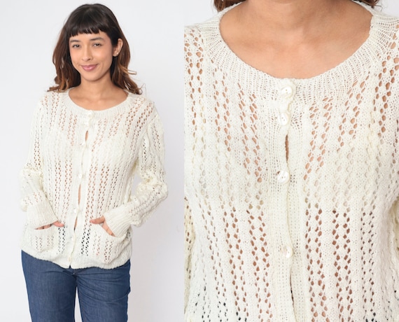 Cream Pointelle Cardigan 70s Button Up Sweater Semi-Sheer Open Weave Knit Retro Boho Cutout Sweater Pockets Acrylic Vintage 1970s Medium M