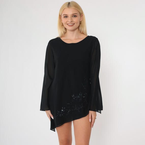 Vintage Black Beaded Blouse 90s Sequin Floral Shirt Asymmetrical Split Bell Sleeve Micro Mini Dress Glam Formal Going Out 1990s Small 6