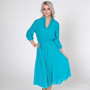 Turquoise Ruffle Dress 70s Boho Grecian Dress Midi Ruffle Neck Blue Knife Pleated High Waist 1970s Party 3/4 Sleeve V Neck Bohemian Medium