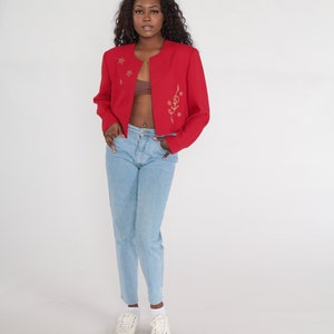 Red Cropped Jacket 90s Gold Star Jacket Embroidered Open Front Blazer Preppy Jacket Crop Coat Short Vintage 1990s Extra Large xl image 3