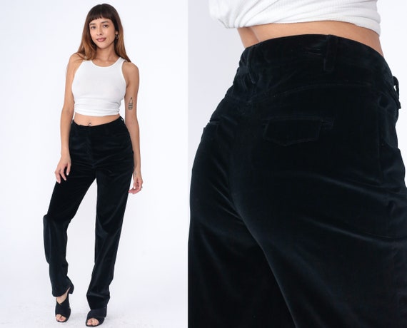 パンツ 90s vintage slacks black velour Black Velvet Trousers 90s High Waisted Pants Straight Leg
