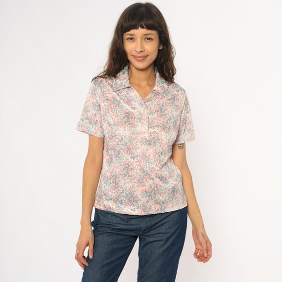 70s Floral Top Blouse Pastel Pink Blue Cream Cottagecore Prairie Fairycore Collared Vintage Summer Spring Shirt Light Academia Medium M