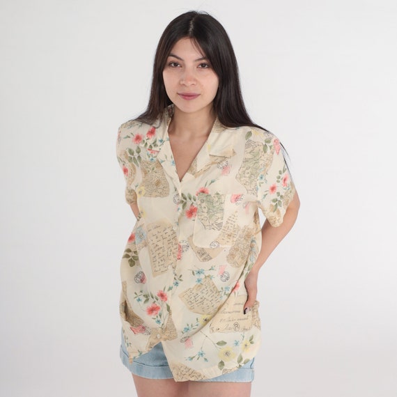 Travel Print Shirt 90s Floral Letter Shirt Button up Blouse Retro Postcard Tourist Graphic Rayon Short Sleeve Cream Top Vintage 1990s Large