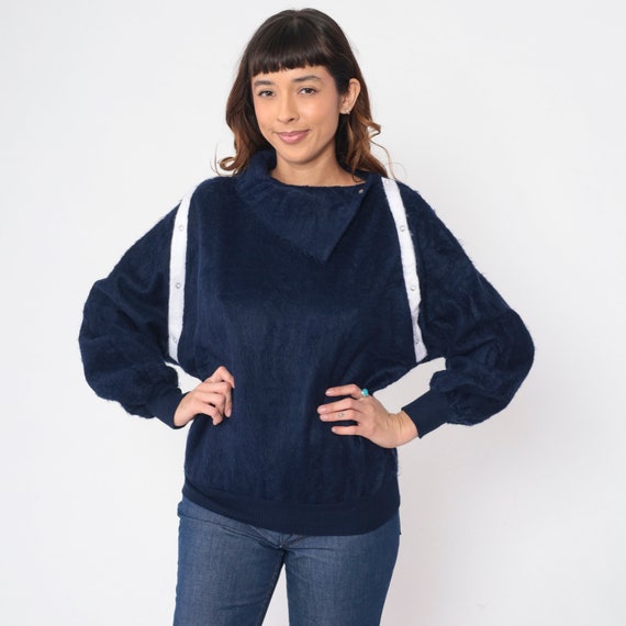 80s Shaggy Fleece Sweatshirt Navy Blue Asymmetrical Shawl Collar Pullover Collared Sweater Striped Retro Sweatshirt Vintage Small S