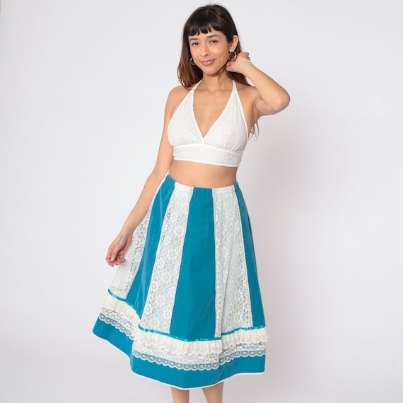 Velvet Lace Skirt 70s Teal Blue Prairie Skirt Eyelet Lace Ruffled Ribbon High Waisted Full Boho Hippie Western Vintage 1970s Medium Large
