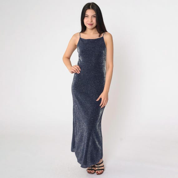 90s Metallic Party Dress Vintage Blue Maxi Spaghetti Strap Long Cocktail Prom Going Out Glitter Strappy Sparkly 1990s Small S