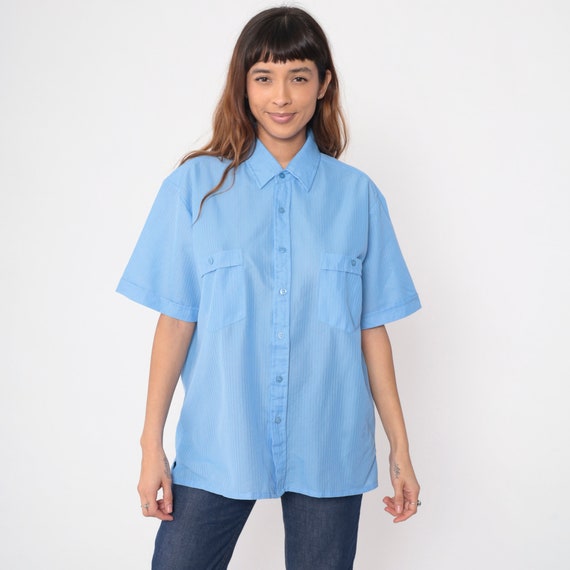 Light Blue Button Up Shirt Y2K Semi Sheer Striped Short Sleeve Collared Retro Basic Plain Preppy Haband Oxford Vintage 00s Men's Large L