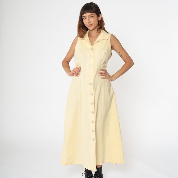 Pale Yellow Linen Dress 90s Keyhole Back Midi Dress Sleeveless Dress Button-Up Shirtdress Plain Vintage 1990s Large