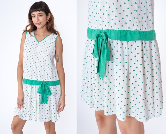 Polka Dot Sundress 80s Drop Waist Dress Bow Mini Dress White Green Summer Dress Sleeveless Sun Day Dress V Neck Casual Vintage 1980s Small S
