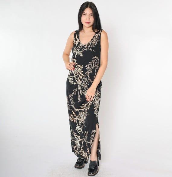 Vintage Black Floral Sundress 90s Maxi Dress Flower Print Day Dress V Neck Sleeveless Sun Tank Side Slit Summer Bohemian Grey 1990s Medium