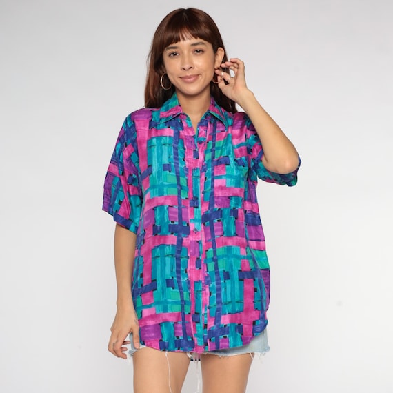 Brushstroke Silk Shirt 90s Abstract Geometric Print Turquoise Pink Purple Green Button Up Short Sleeve Collared Maximalist Vintage Small S