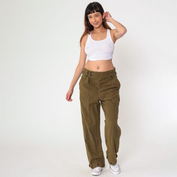 Vintage 50s Army Wool Pants Olive Brown Australian Military Cargo Trousers 1950s Wide Leg High Rise Utility Uniform Men's 34 Medium