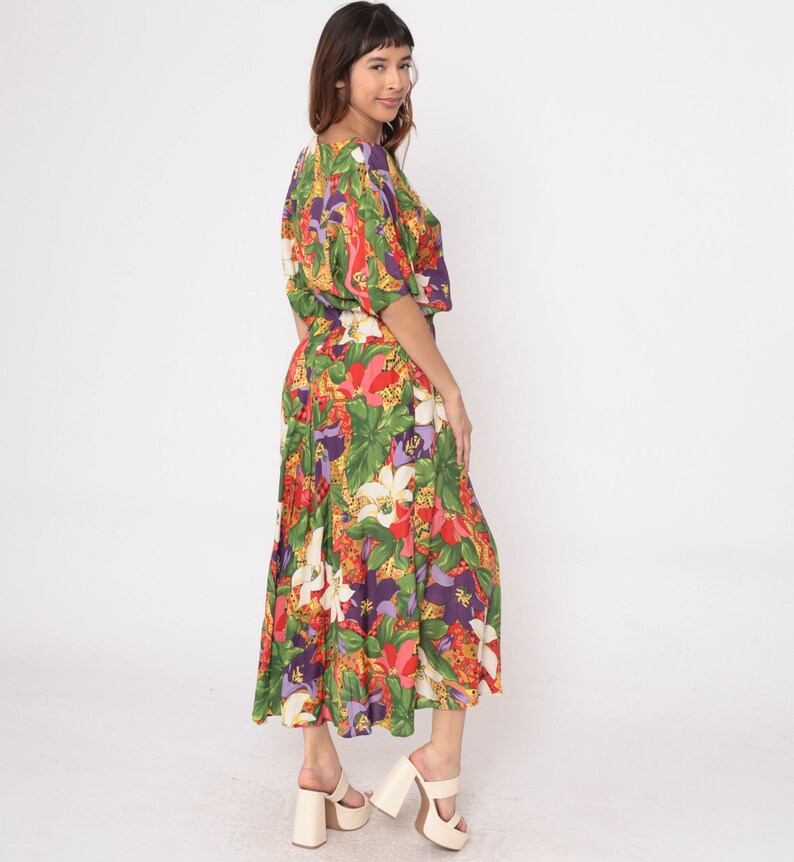 Tropical Floral Dress 90s Dolman Sleeve Maxi Boho Hippie V Neck Shirtdress 1990s Vintage Elastic Waist Button Up Green Red Purple Large image 4