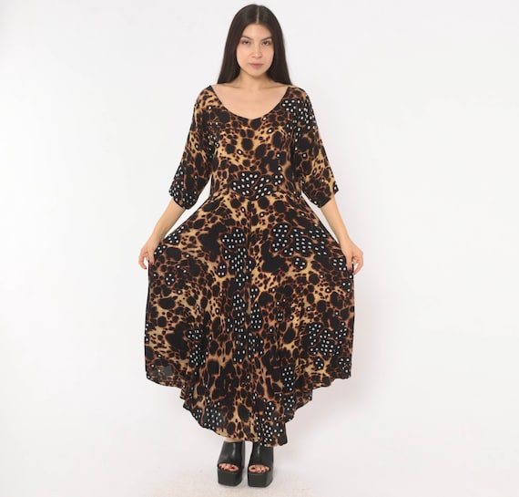 Y2K Leopard Polka Dot Dress Animal Print V Neck Half Sleeve Kaftan Style Tan Black Spotted Long Loose Fit Summer Beach Vacation Medium M