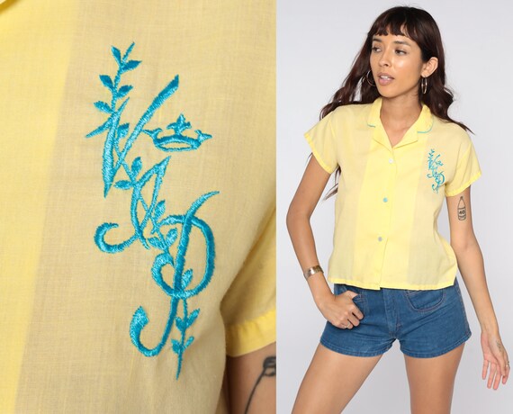 Yellow Button Up Shirt 70s VIP Embroidered Shirt … - image 1