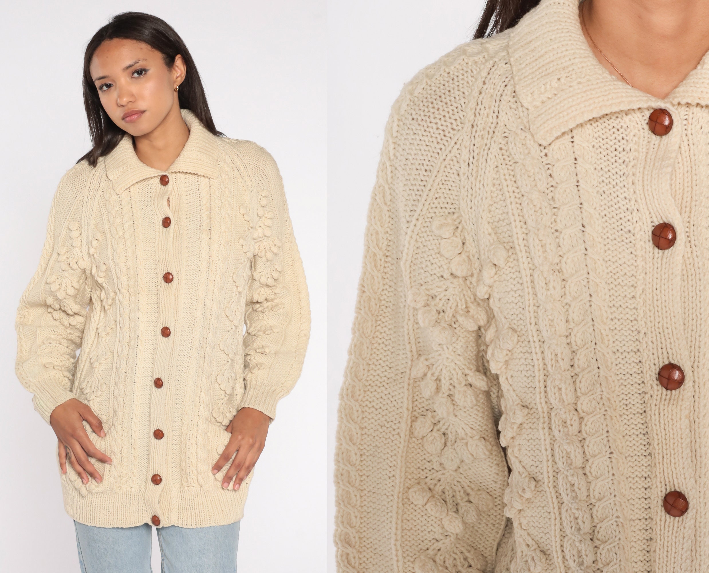 Cream Wool Cardigan 80s Button Up Fisherman Sweater Cable Knit Irish Boho  Chunky Bohemian Grandpa Cableknit Vintage 1980s Small Medium