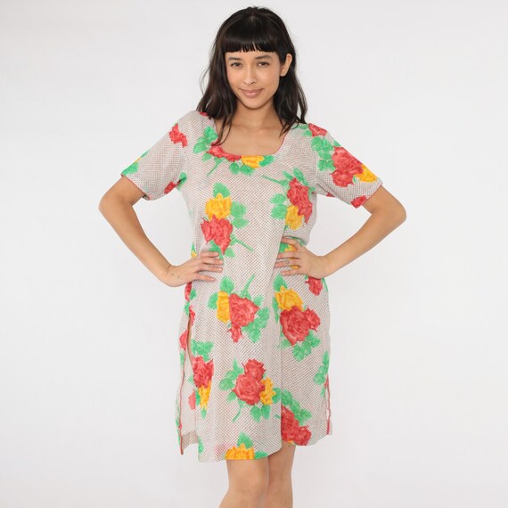 Polka Dot Floral Dress Y2K Mini Dress Graphic Flower Print Dress Short Sleeve Shift 00s Vintage Retro Summer Botanical Day Red Yellow Medium