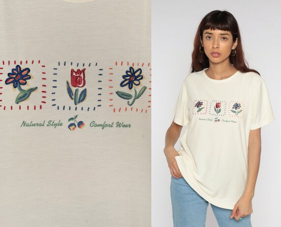 Floral T Shirt 90s Embroidered Flower Tee Natural Style Graphic Tshirt Short Sleeve TShirt Flower Shirt 1990s Retro Hipster Vintage Small S
