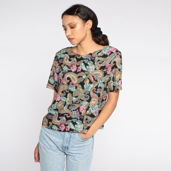 Paisley Floral Blouse 90s Blouse Short Sleeve Top… - image 2