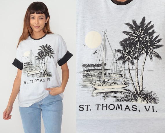 St Thomas Shirt 90s Virgin Islands T-Shirt Tropical Beach Sailboat Graphic Tee Single Stitch Heather Grey Cuffed Sleeve Vintage 1990s Large