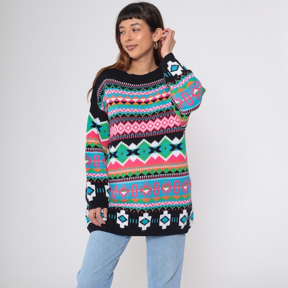 90s Geometric Sweater Bright Knit Southwestern Sweater 80s Southwest Pullover Black Rainbow Knit Slouch Jumper Vintage Large 1x